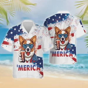 Cheerful Corgi Dog Hawaiian Button Down Shirt Summer Beach Unisex